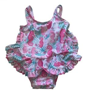 Flap Happy Pink and Teal Seahorse Swimsuit Ruffles and Bow NWT size 24 months
